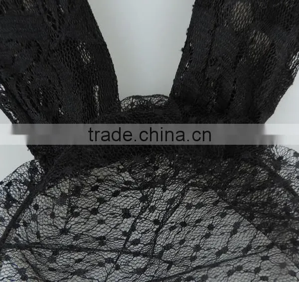 Wholesale Black Floral Lace Rabbit Bunny Ears Veil Headband photo-5
