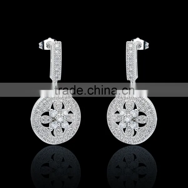 2016 Round Shape Pendant Earring White Gold Plated Women's Party Earring Inlaid Flower Cubic Zirconia photo-2