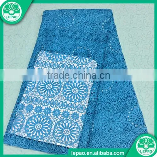 Nigeria French Guipure Lace Embroidery 2016 Top One Wholesale Cord Lace Royal Blue With Beads for Dress