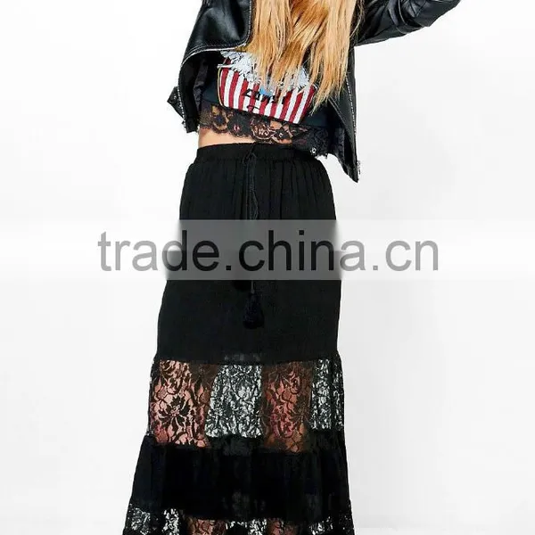 Party Wear Long Tiered Dance Skirts Lace Panelled Tassel Tie Bohemian Maxi Skirts Wholesale photo-5
