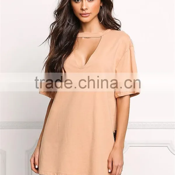MGOO Fashion Custom Made 95% Cotton 5% Spandex 220g Nude V Cut Out Side Lace Up Shirts Tunic Tops photo-6