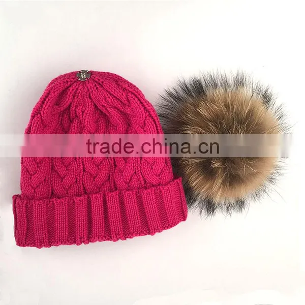 Myfur Hot Pink Knitting Hat With Real Genuine Raccoon Fur Bobble photo-3