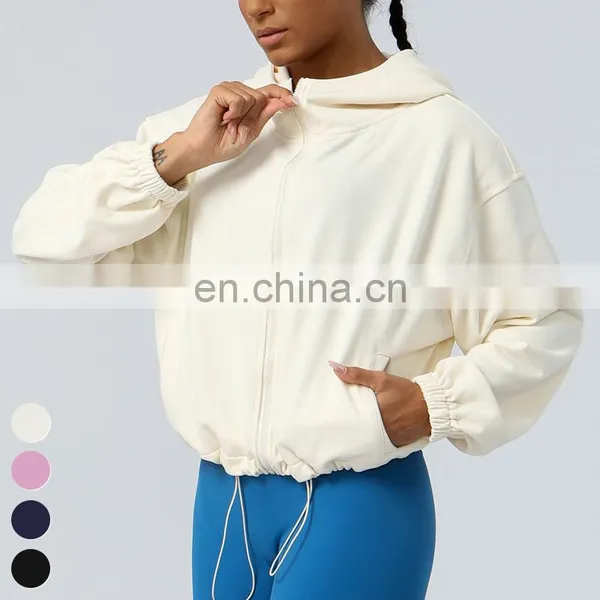 Drawstring Hoody Loose Casual Running Coat Zipper Sports Jackets Long Sleeve Gym Fitness Hooded Wear Yoga Jacket For Women photo-4