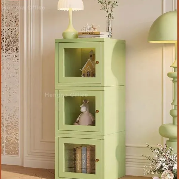 Mint Green Metal Glass Cabinet With Adjustable Shelves & Curved Glass |3C Certified Tempered Glass for Hotel Lobby Decoration photo-4