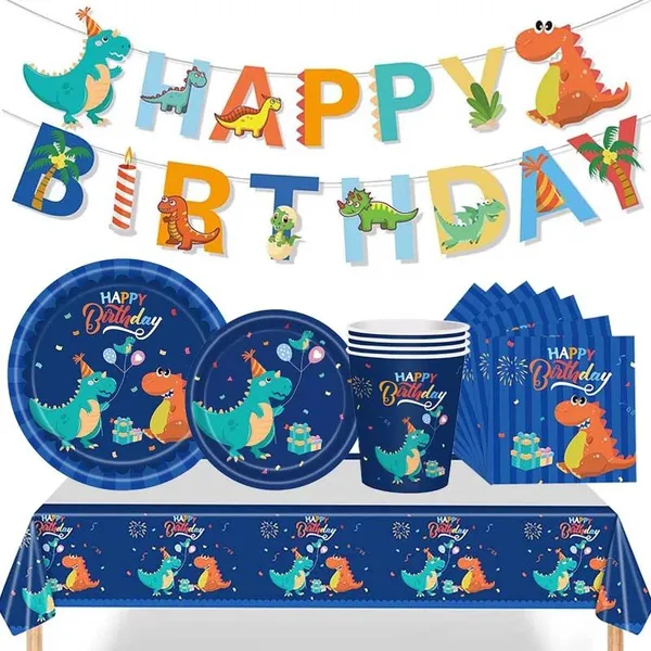 8 Guests Plastic Free Paper Party Tableware Set Disposable Party Tableware Kit Dinosaur Theme Design For Birthday Party Baby Shower Table Docorations.