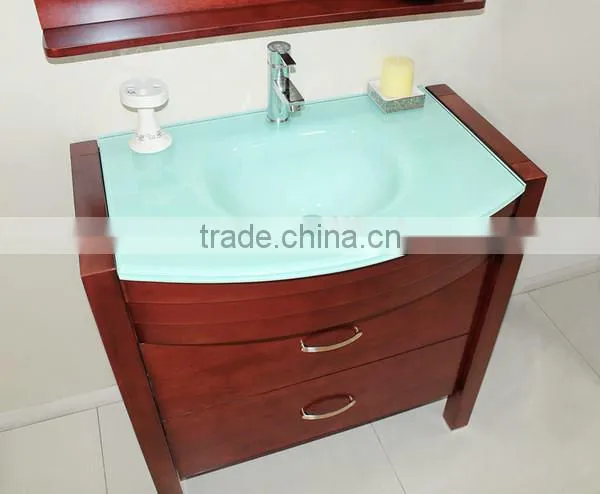 Glass Wash Basin Red Color Wood Cabinet Solid Wood Bathroom Furniture No.1004B photo-2