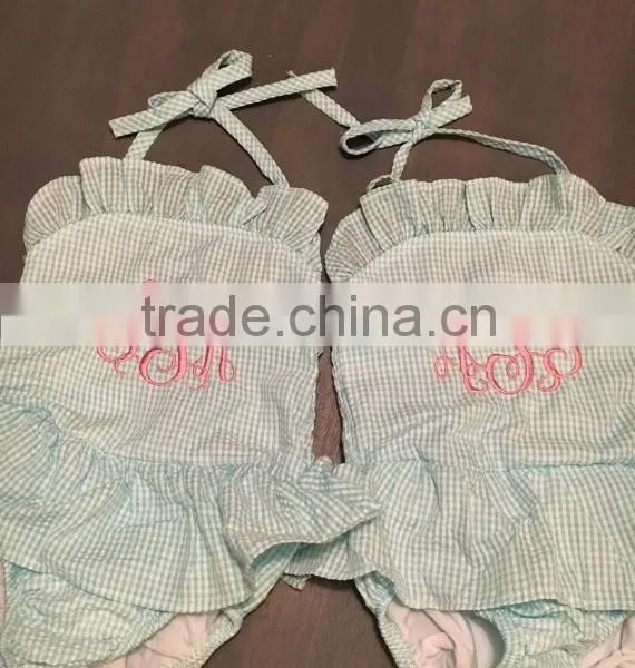 Seersucker Swimsuit Baby Toddler Children Monogrammed One Piece Ruffle Baithing Suit