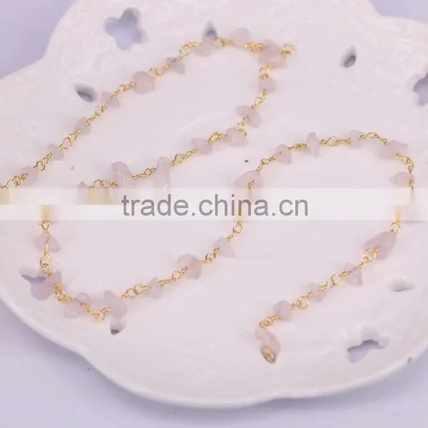 Rose Quartz Chip Beads Gem Stone Chain, Golden Plated Brass Wire Wrapped Rosary Style Chains photo-4