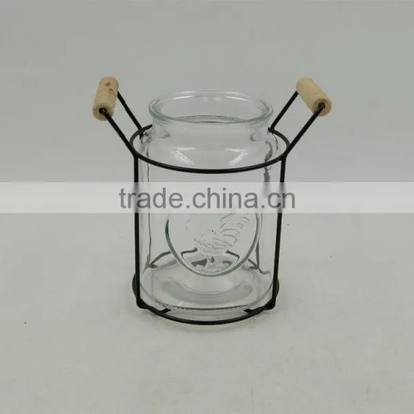Clear Glass Vase In Black Iron Basket With Wood Handle photo-2
