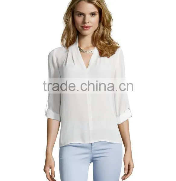 100% Polyester Long Sleeve v Neck Blouse Hi-low Woman Blouse photo-2