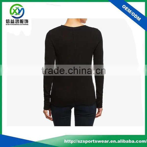 Popular V Neck 100% Cotton Fabric Women Long Sleeve Black t Shirt photo-2