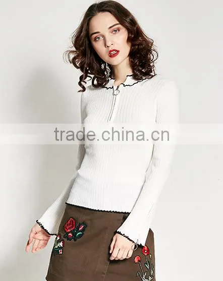 Women's Crew Neck Cotton Free Knitting Pullover Sweater Pattern With Zipper photo-2