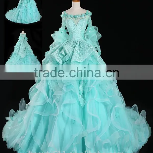 Estido De Novia 2018 Luxury Blue Wedding Dress With Flowers Through Back Bridal Gowns Robe Mariage Cap Sleeve Wedding Dress F143 photo-2
