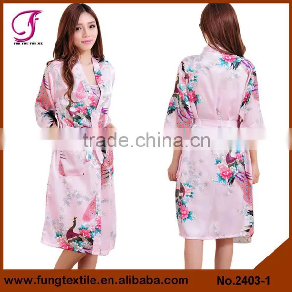2403 Women Peacock Pattern Kimono Two-piece Set Satin Robe photo-2
