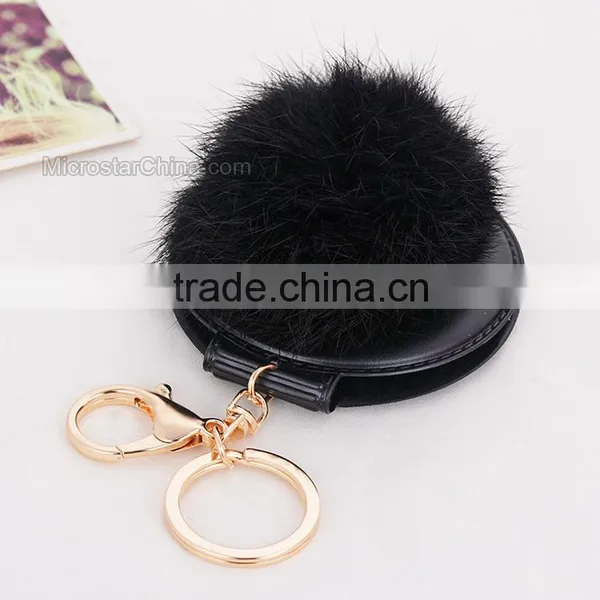 Promotional Gift 8cm Real Rabbit Fur Pocket Makeup Mirror Keychain photo-6