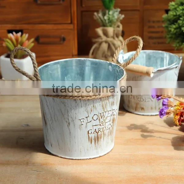 Galvanized Garden Metal Buckets Pots With Jute Rope Handle photo-2