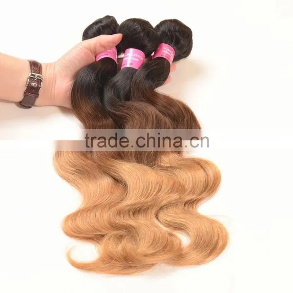 Ombre Hair Weaves Hot Sale Ombre Weaving Hair 1b/#4/27# Color Three Tone Color Malaysian Human Hair Weft Mix Length photo-3