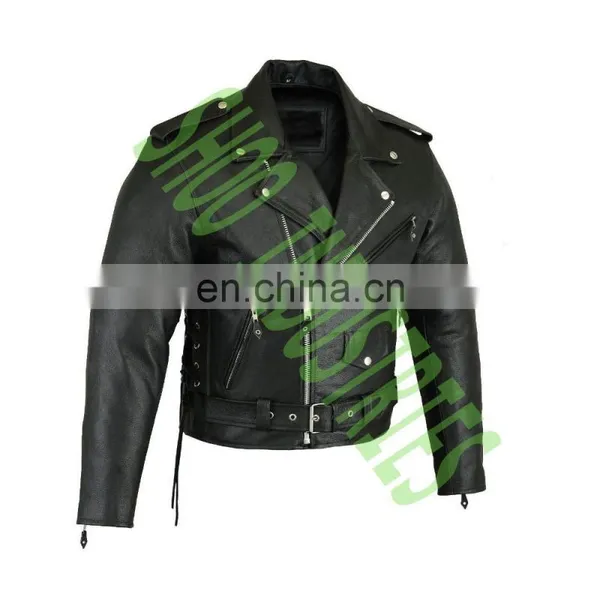 Classic BRANDO Black Blue Flame Men's Motorcycle Biker Hide Real Leather Jacket photo-6