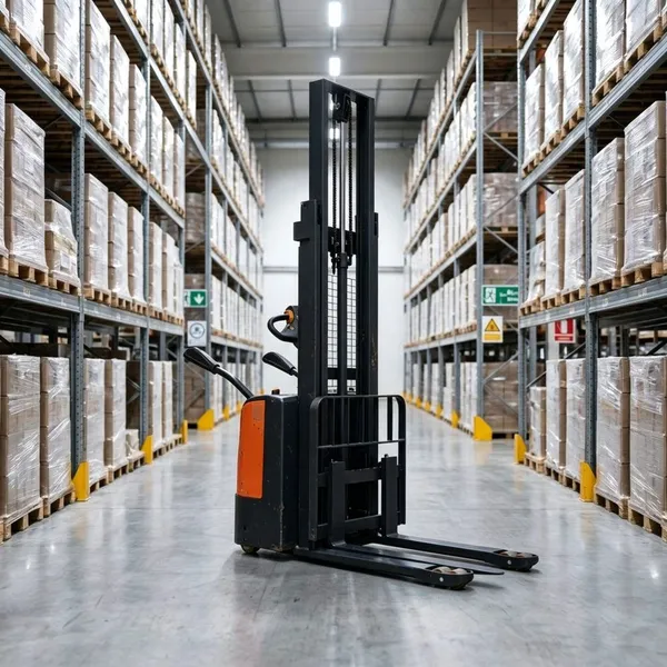 Empilhadeira elétrica total de 2000kg com motor CA de 48V, operação em pé, raio de giro compacto de 1400mm para armazém