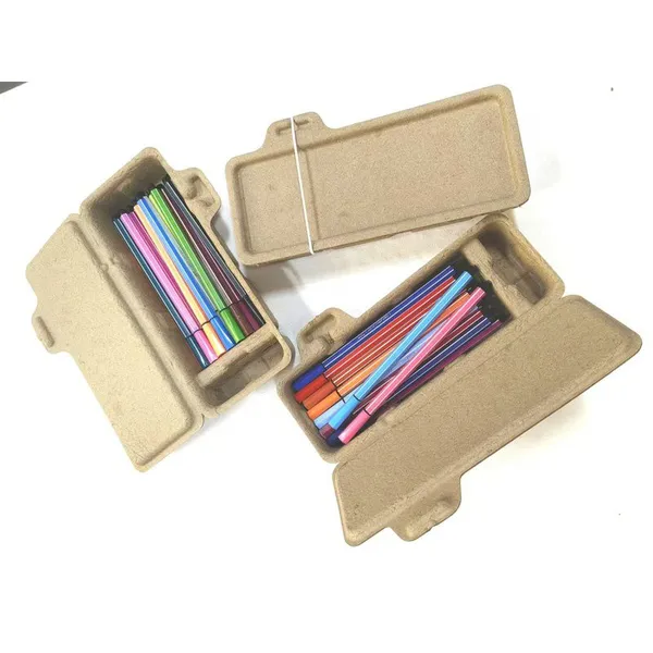Compostable Pulp Molded Pencil Case With Ribbon Fastener Eco Stationery Box for Pens