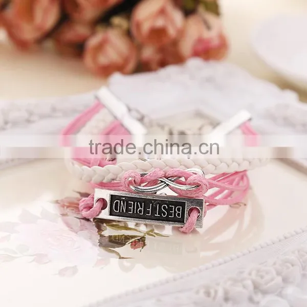 High Quality Double Heart Pink and White Color Braided Leather Bracelet photo-2