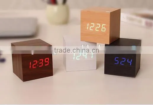 Cube Wooden LED Alarm Clock Despertador Temperature Solids Voice Control LED Display Electronic Desktop Digital Clocks Calendar photo-3