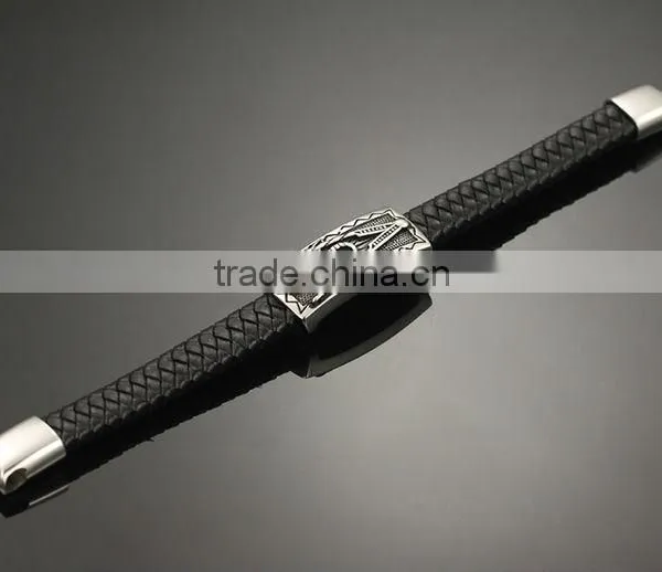 Braided Black Genuine Leather Bracelet Wholesale Mens Stainless Steel Clasp photo-5