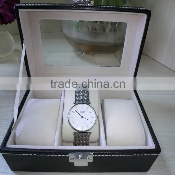 Luxury Black Leather Shadow Window Lid Watch Box Gift Box Lint Lock Front Black Jewelry Leather Box photo-4