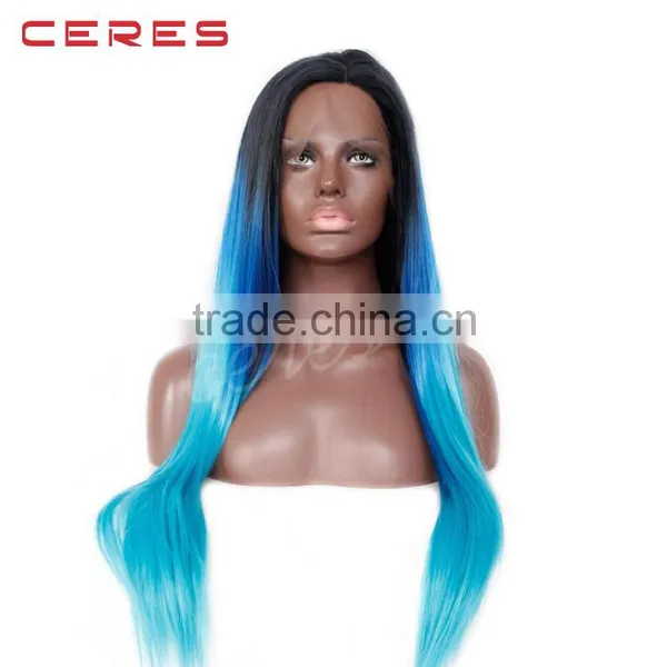 Synthetic Hair Black Root Blue Ombre Straight Lace Front Wig Hair Wigs photo-4