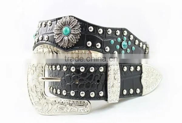 2016 Best Seller Scallop Western Rhinestone Leather Belt With Turquoise Concho