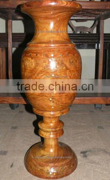Wooden Hand Carved Large Flower Vase With Brass Work photo-2