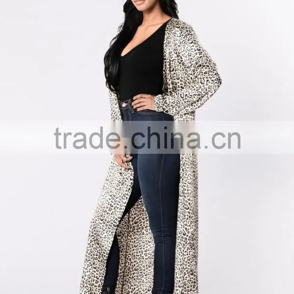 Women Polyester Spandex Blend Satin Leopard Open Front Longline Duster Coat photo-3