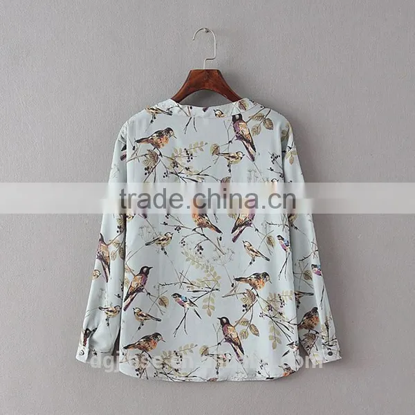 The Spring Summer Ladies Tops Socialite Retro Birds Digital Printing Long Sleeve Chiffon Blouse for Women photo-3