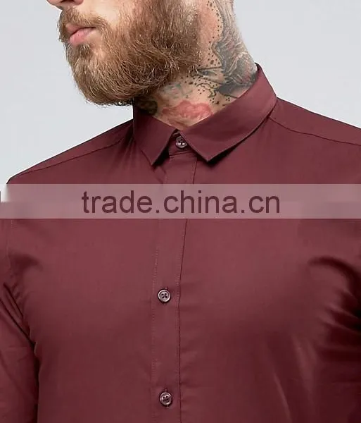 Guangzhou High Quality Custom Long Sleeve Point Collar Mens 97% Cotton 3% Elastane Casual Slim Fit Plum Solid Shirts photo-2