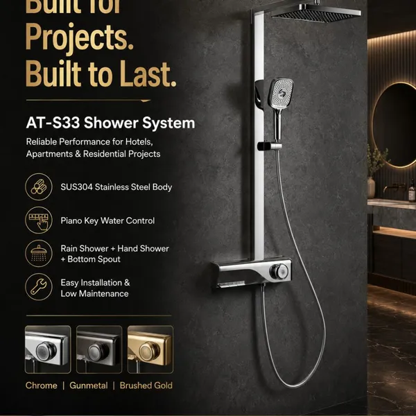 AT-S33 SUS304 Stainless Steel Wall Mounted Shower System With Rain Shower Hand Shower and Bottom Spout for Hotel Project