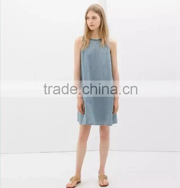 2014 New Design Ladies Sleeveless Denim Dress Women Light Bule Denim Jeans Dress Quality Choice photo-2
