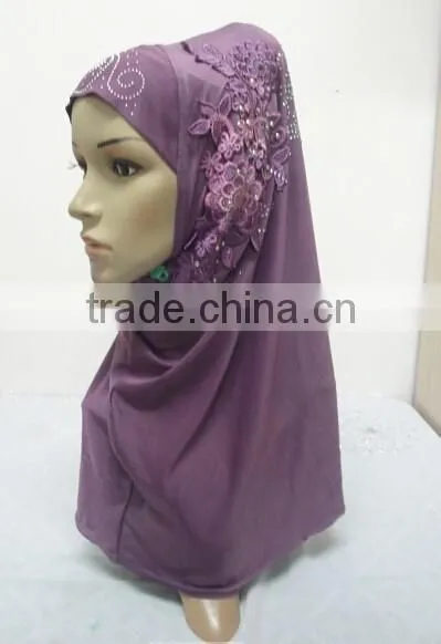 H274 Latest One Piece Instant Hijab With Lace and Rhinestones,muslim Scarf photo-4
