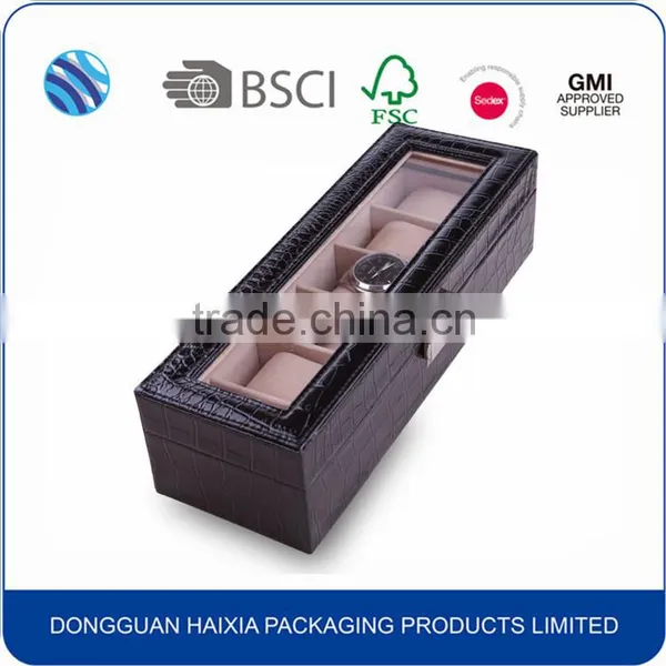 PU Leather 6 Slots Plastic Watch Box With PVC Clear Window photo-3