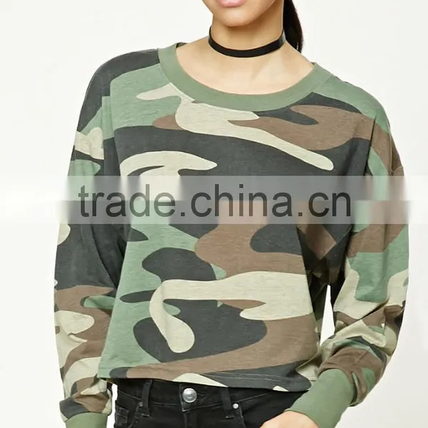 Latest Tops Designs Girls Women Long Sleeves Round Neck Cropped Camo Print Tee Camo Sweatshirts photo-2