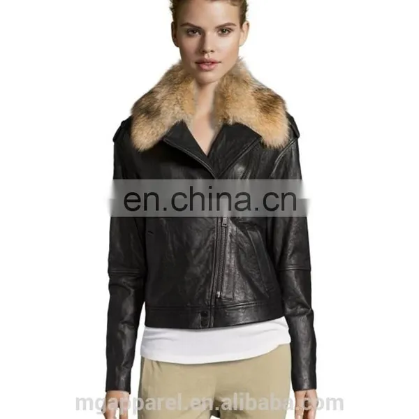 Black Leather Fur Collar Asymmetrical Zip Motorcycle Jacket Woman Coat photo-2