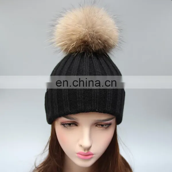 Wholesale Mens Knitted Plain Beanie Hat With Fur Pom Pom photo-2