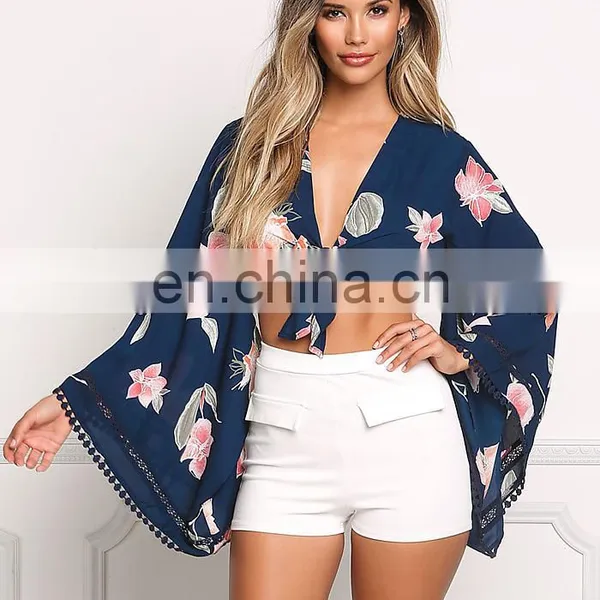 Navy Floral Bell Sleeve Front Tie Crop Top photo-4