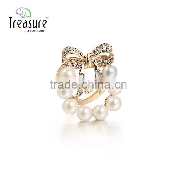 Fashion 2016 Golden Alloy Pearl and Rhinestone Cute Bowknot Brooch Jewelry photo-3