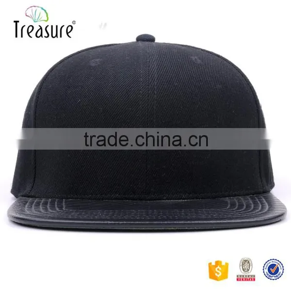 Custom Blank Black Caps 6 Panels Leather Flat Brim Cotton Strap Back Hip Hop Cap Hats Supplier's Choice