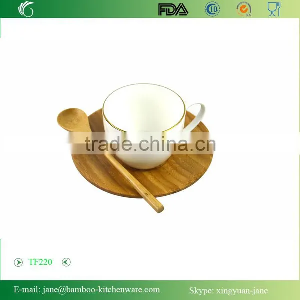 Natural Bamboo Round Dish and Spoon Set for Coffee photo-3