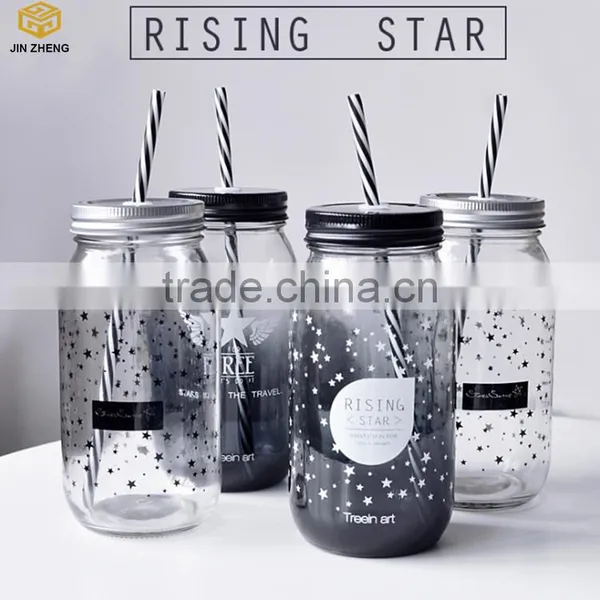 Beverage Creative Juice Drinking Glass Mason Jar With Straw Lid