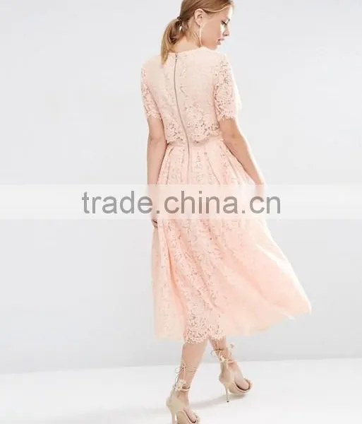 Pink Lace Crop Top and Puff Skirt Wedding Dress Girl's Short Sleeve Prom Two Piece Set photo-4