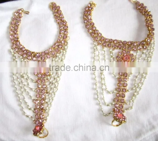 Gold Pink Crystal Pearl Anklets Toe Ring Barefoot Sandal PAYAL PAIR photo-3