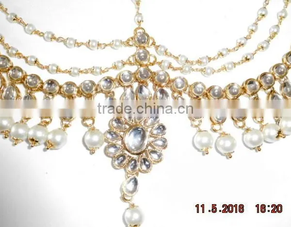 MATHAPATTI DAMINI PEARL KUNDAN Maang TIKA GOLD TONE CRYSTAL Hair Accessory photo-2