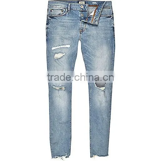 Men Five Pockets Light Blue Wash Super Skinny Ripped Jeans photo-6